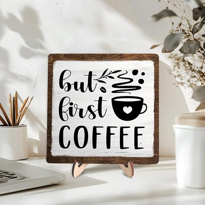Vintage Coffee Bar Wooden Plaque Desk Sign, Farmhouse Wood Plaque Tabletop Decor - Image 3
