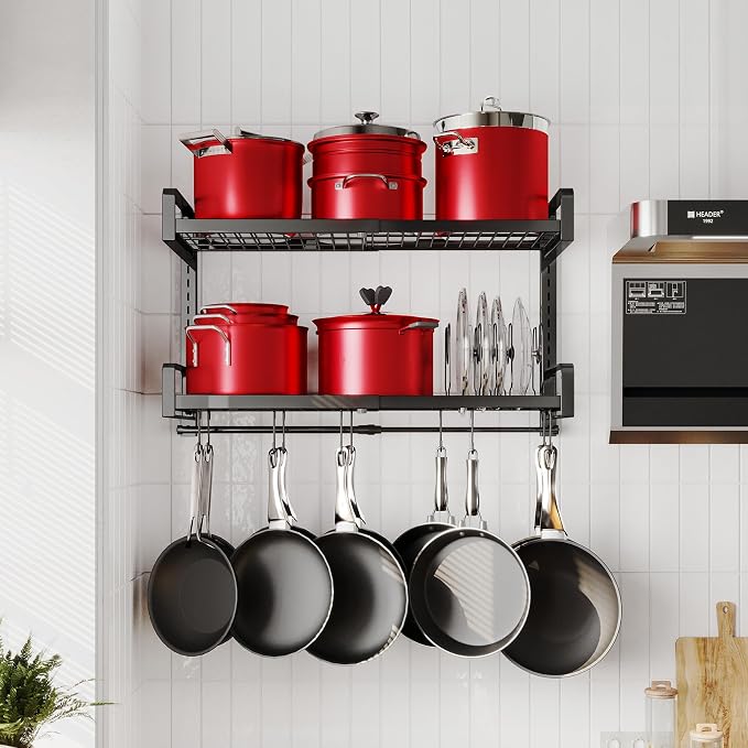 19"- 30" Expandable Hanging Pot Rack, 2 Tier Heavy Duty Wall Mounted Pots and - Image 7