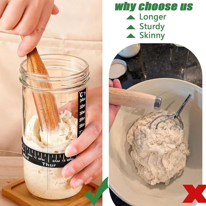 2pcs Wood Spurtle for Sourdough Starter, Reaching Bottom of Jar, Dough Whisk - Image 3