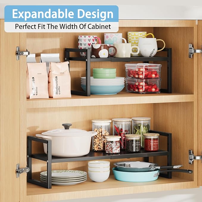 2 Pack Expandable Kitchen Cabinet Shelves Organizer, Heavy Duty Metal Shelving - Image 3