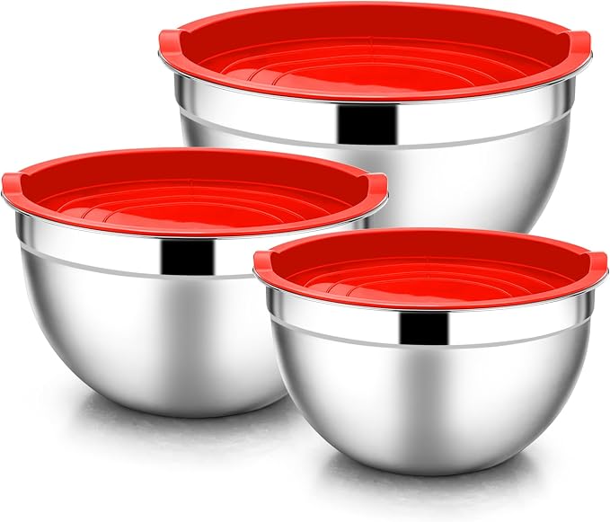 E-far Mixing Bowls with Lids, 6-Piece Stainless Steel Salad Bowls Metal Nesting by E-far