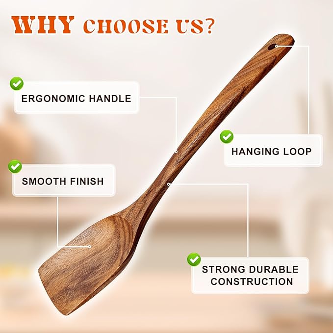 2Pcs Wooden Spatula, Acacia Solid & Slotted Turner Spatula Set, Long Handle - Image 6