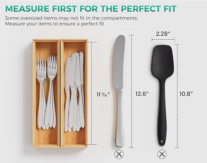 Bamboo Kitchen Drawer Organizer Boxes – 12" x 3" Stackable Wood Silverware - Image 3