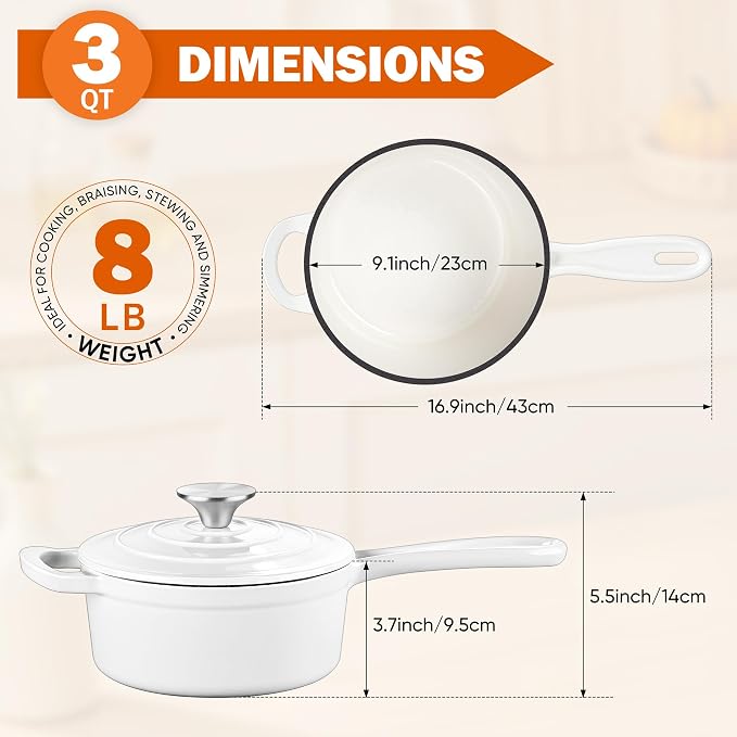 Homikit 3 Quart Saucepan with Lid, Enameled Cast Iron Saucepan - Image 2