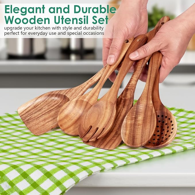 HOWHONG Wooden Spoons for Cooking, Teak Wood Kitchen Utensil Set, Premium - Image 6