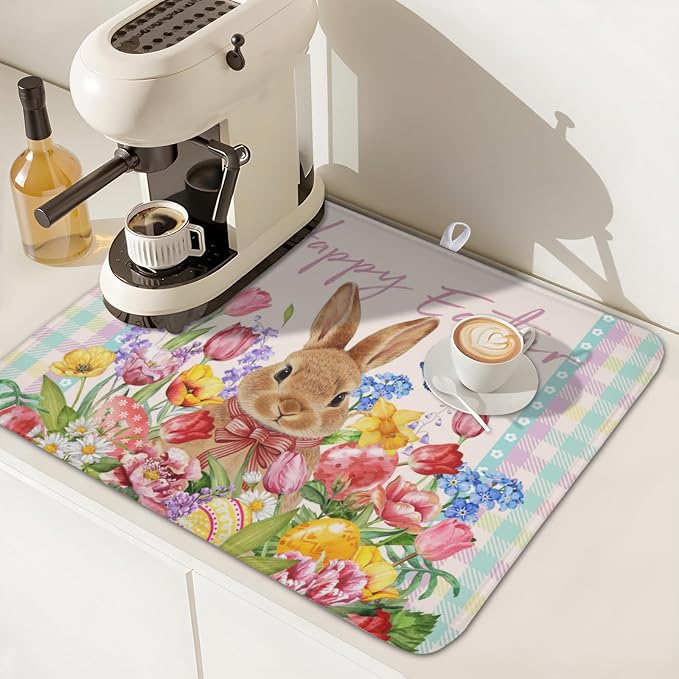 Easter Bunny Dish Drying Mat for Kitchen Counter Happy Easter Rabbit Floral - Image 7