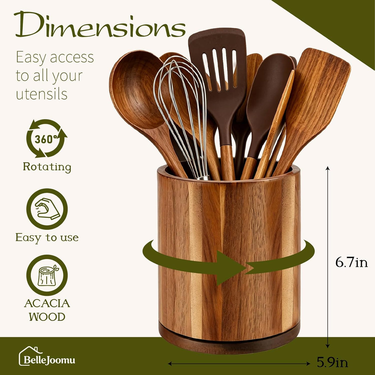 Kitchen Utensil Holder, 360 Rotating Acacia Wood Countertop