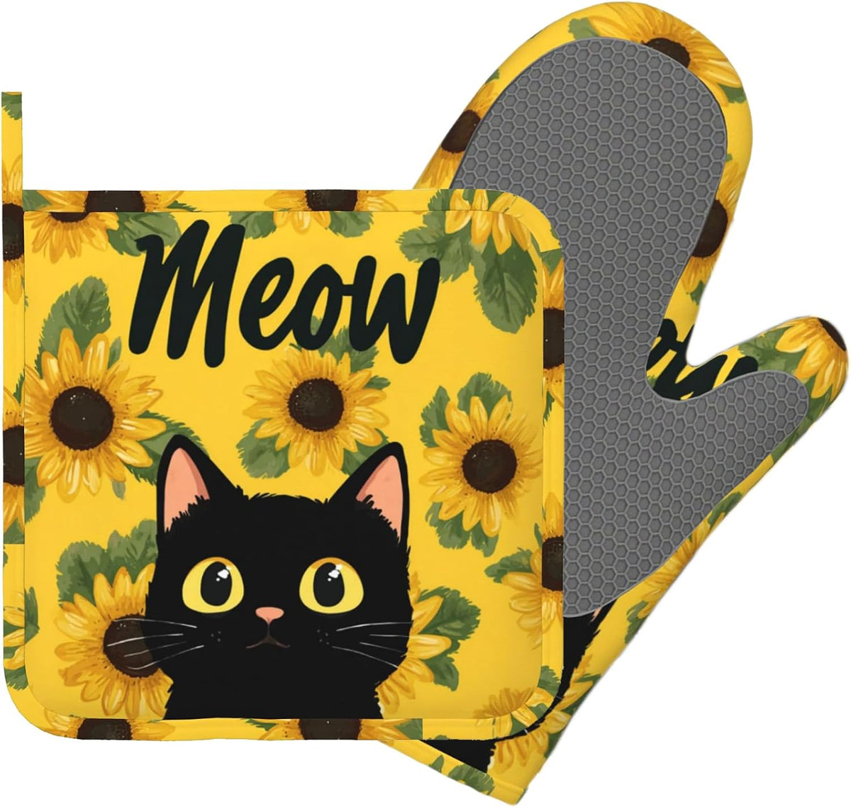 Cute Black Cat Oven Mitts and Pot Holders Sets Sunflower Non-Slip
