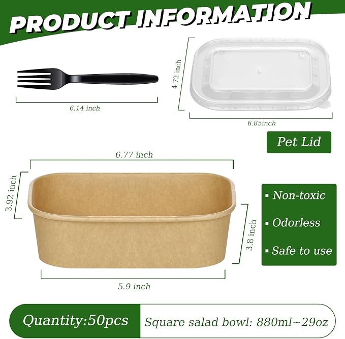 50-Pack 29oz Disposable Kraft Paper Bowls【with Lids and Forks】, Meal Prep - Image 2