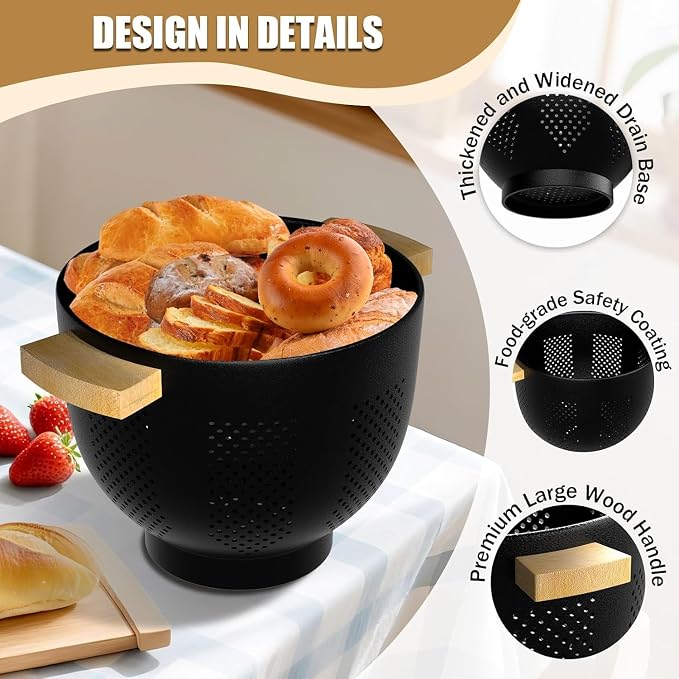 Metal Colander with Wood Handle and Stable Base, Powder Coated Steel Kitchen - Image 2