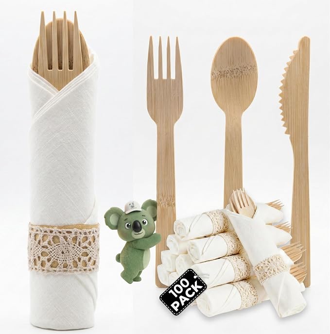 Pre Rolled Napkin and Bamboo Cutlery Set by KoalaLove