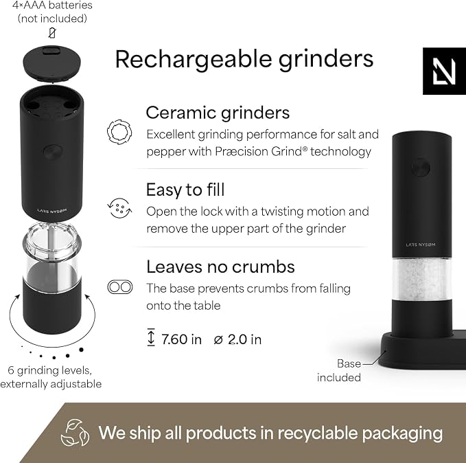 LARS NYSØM Electric Salt and Pepper Grinder Set I Automatic Salt and Pepper - Image 4