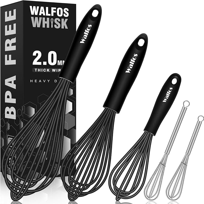 Silicone Whisks set with 7+5in mini stainless steel whisk, Non Scratch Coated by Walfos