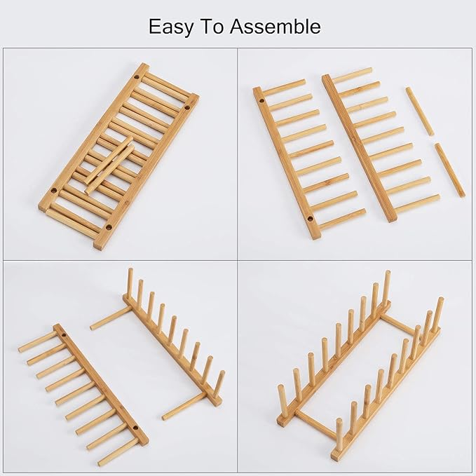 HBlife 4pcs Bamboo Dish Plate Bowl Cup Book Pot Lid Cutting Board Drying Rack - Image 6