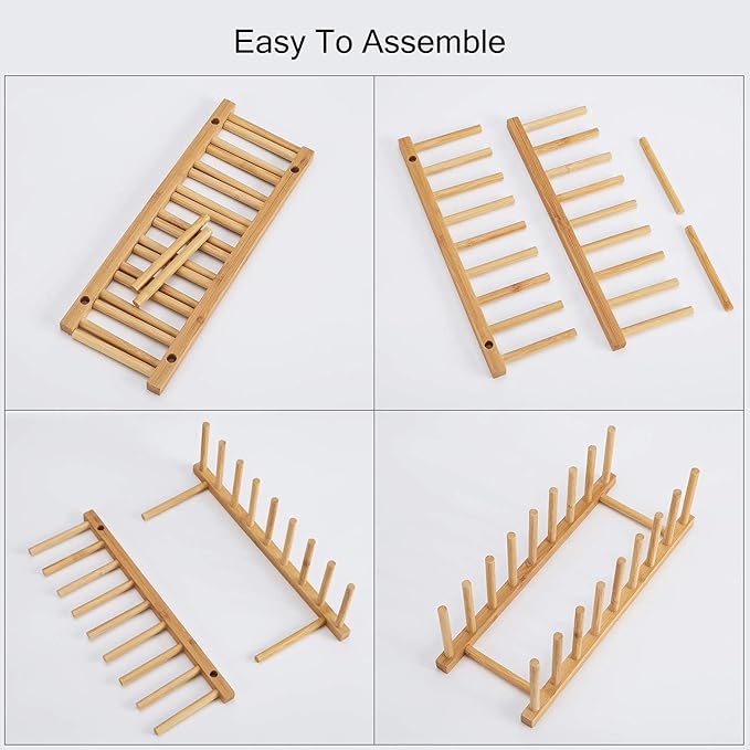 HBlife Bamboo Dish Plate Bowl Cup Book Pot Lid Cutting Board Drying Rack Stand - Image 3