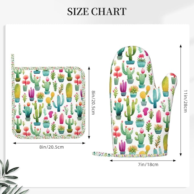 Oven Mitts and Pot Holders Set, Cactus Pattern Watercolor Silicone Kitchen - Image 3