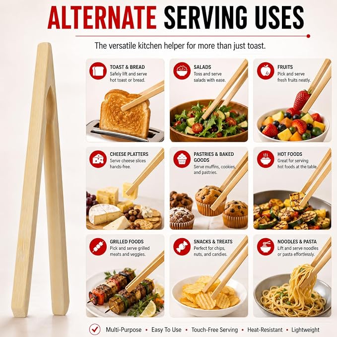 HIC Kitchen Toast Tongs, Natural Bamboo, 6.5-Inches - Image 7