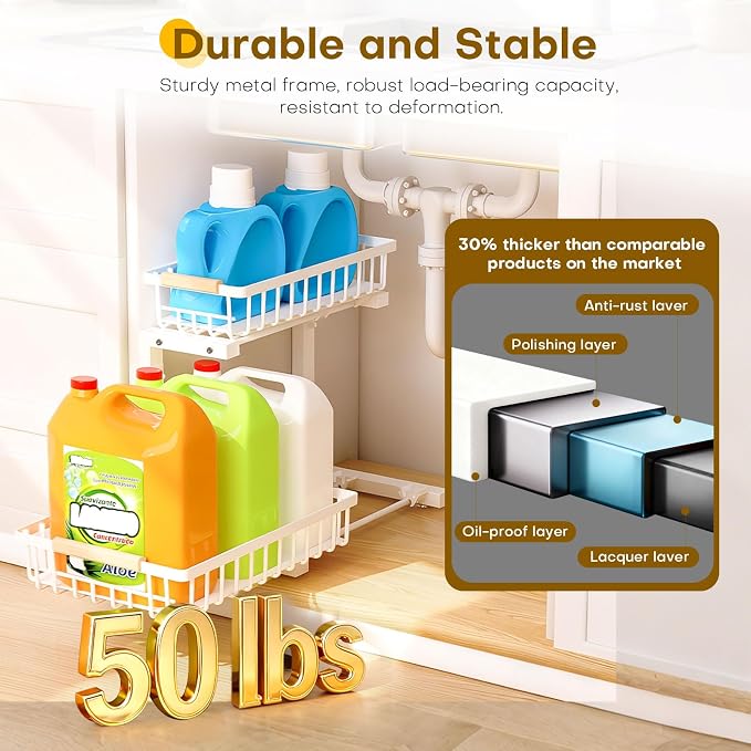 Under Sink Organizer, 2 Tier Pull Out Under-Sink Shelves, Adjustable Height - Image 4
