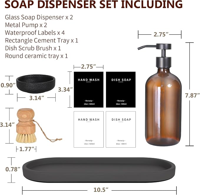 Ronasip Set of 5 Kitchen Soap Dispenser Set 16 Oz Glass Hand Dish Soap Dispenser - Image 4
