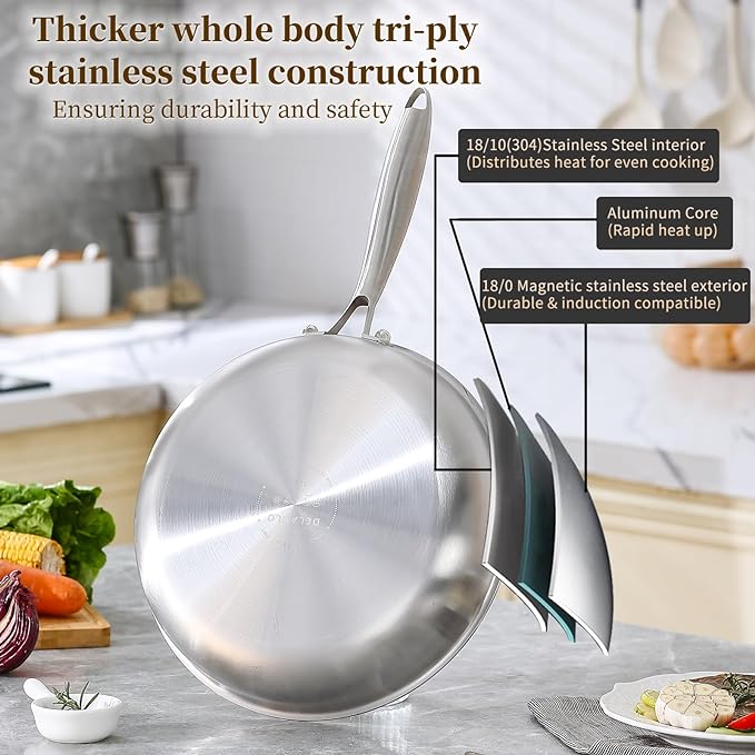 DELARLO Tri-Ply Stainless Steel Pan, 18/10 Frying Pan, Oven Safe Up to 600°F - Image 2