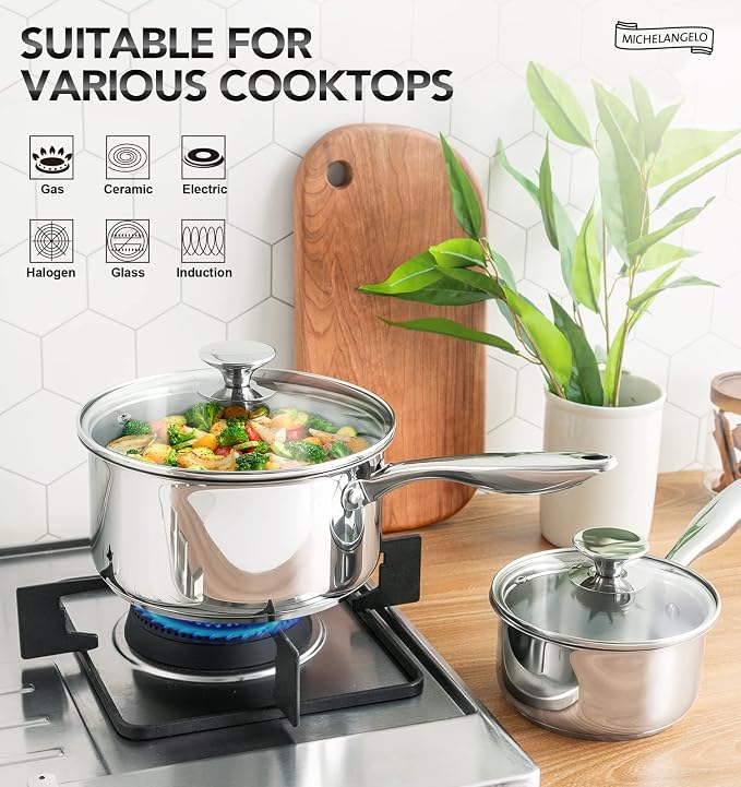 MICHELANGELO 1Qt & 2Qt Tri-ply Stainless Steel Saucepan Set, Small Cooking Pots - Image 3