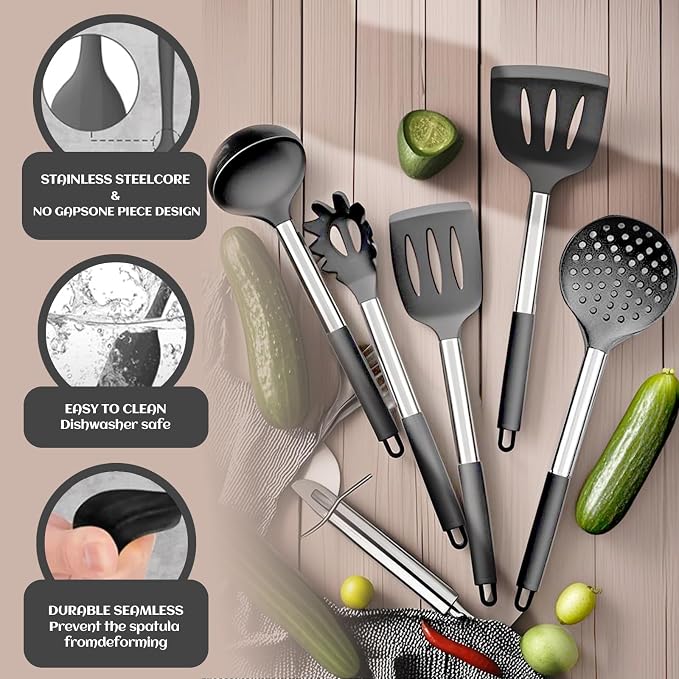 Silicone Cooking Utensils Set Utensil: 40 Pcs Black Stainless Steel Cookware Set - Image 6