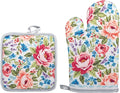 Floral Oven Mitts and Pot Holders Sets 2 Pcs, Canvas Heat Resistant Kitchen by QEES
