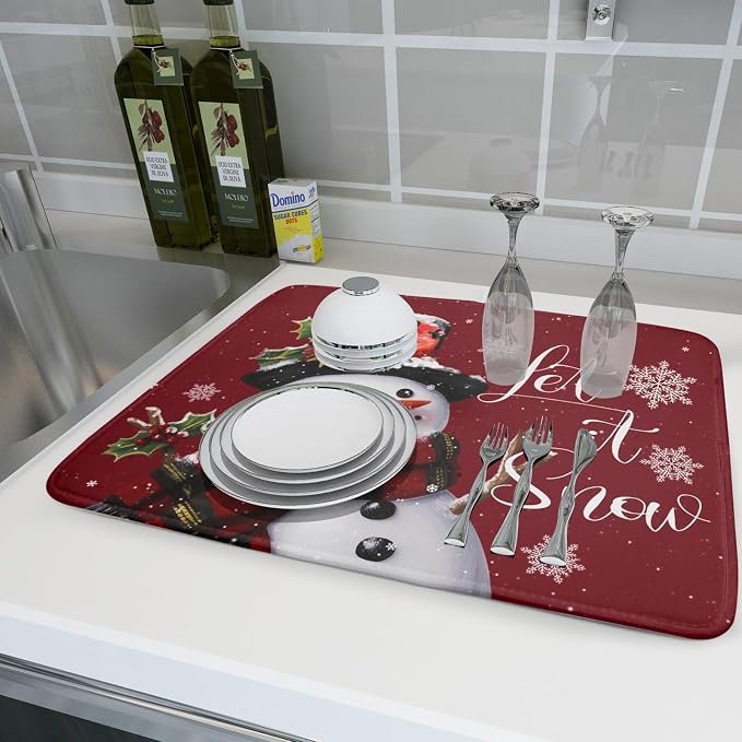 Christmas Dish Drying Mat for Kitchen Counter Snowman Let It Snow Microfiber - Image 6