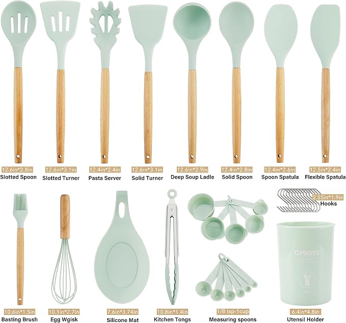 QMVESS Silicone Kitchen Utensils Set, Sturdy Insulation Wooden Handle Kitchen - Image 7