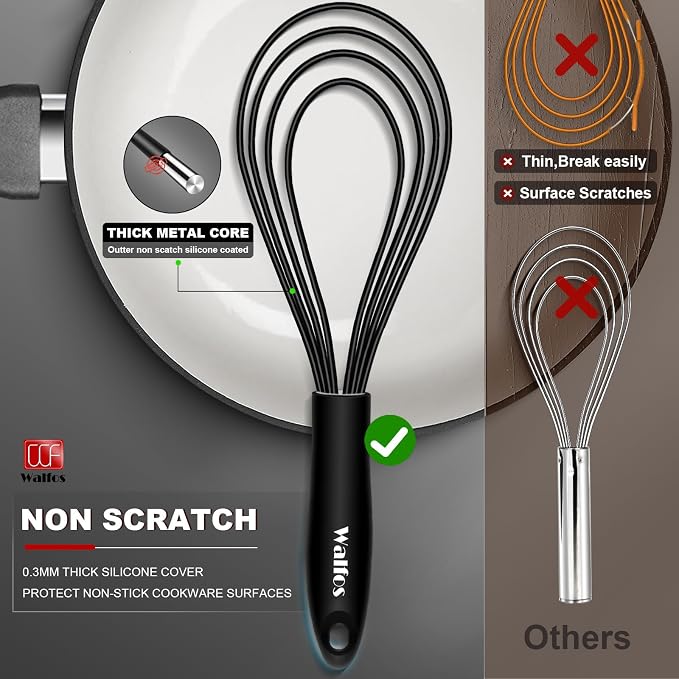 Walfos Silicone Flat Whisk, 11inch Flat Whisk Non Scratch Coated Flat Whisks - Image 2