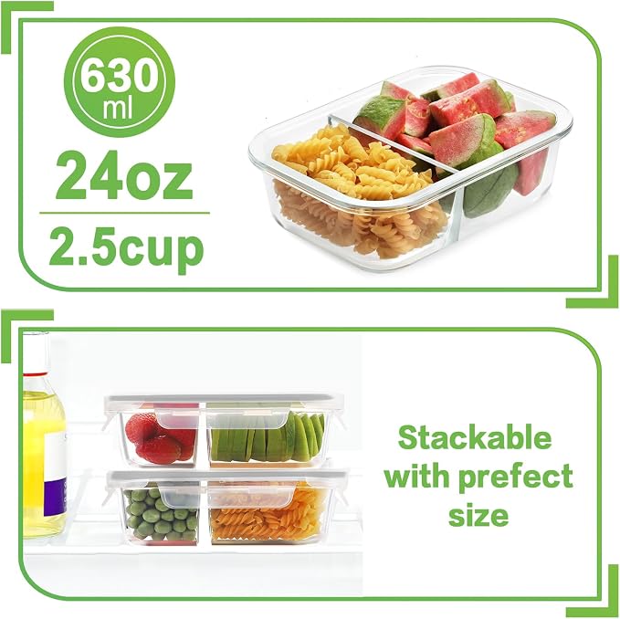 HOMBERKING 10 Pack 24oz Glass Meal Prep Containers 2 Compartment, Glass Food - Image 2