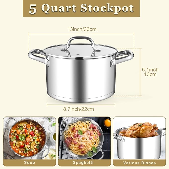 Leonyo 5 Quart Stock Pot with Lid, 18/10 3-ply Stainless Steel Stockpot - Image 2