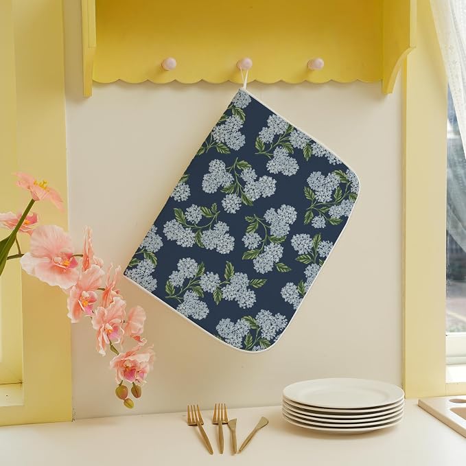 Navy Blue Dish Drying Mat 18x24 Inch Blue Green Vintage Floral Hydrangea Flower - Image 5