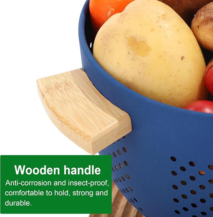 Metal Colander with Wood Handle, 5.5 Quart Powder Coated Steel Large Kitchen - Image 4