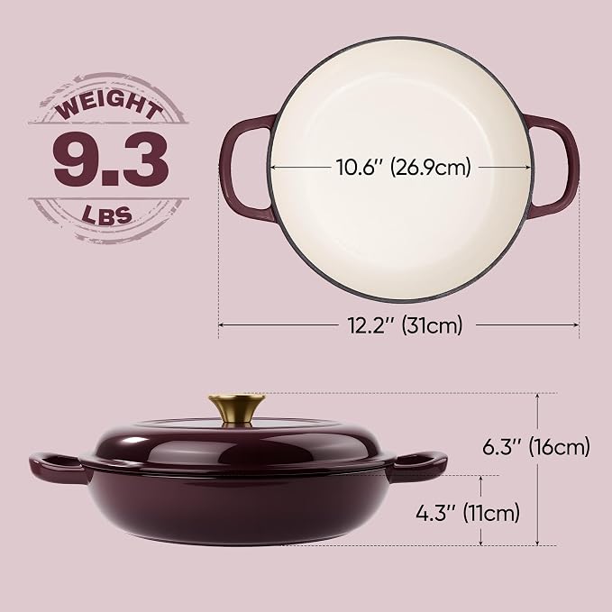 Vintage Style 3 Quart Enameled Cast Iron Braiser, Non Stick Enameled Cast Iron - Image 3