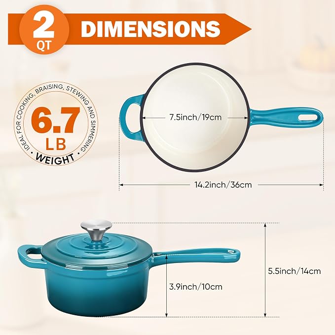 Homikit Cast Iron Sauce Pan, 2 Quart Enameled Cast Iron Saucepan - Image 2