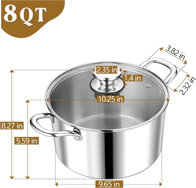 P&P CHEF 8 Quart Tri-Ply Stainless Steel Stock Pot, 8 Qt Stockpot Pasta Cooking - Image 2