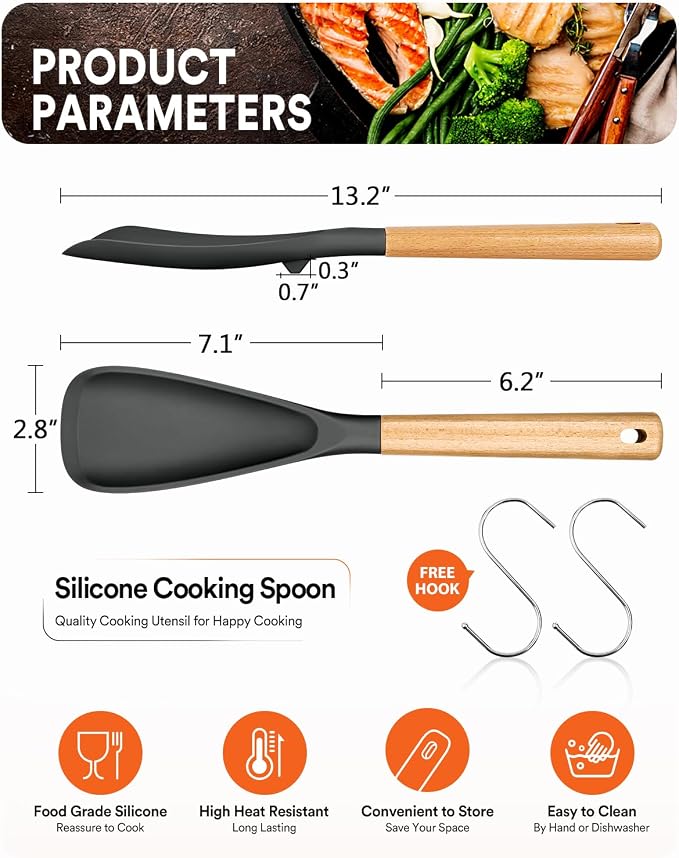 Cooking Spoon for Nonstick Cookwares, Wood Handle Spoon for Mixing, and Scrape - Image 2