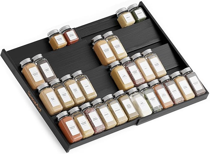 SpaceAid Bamboo Black Spice Drawer Organizer, Expandable 4 Tier Spices Rack by SpaceAid