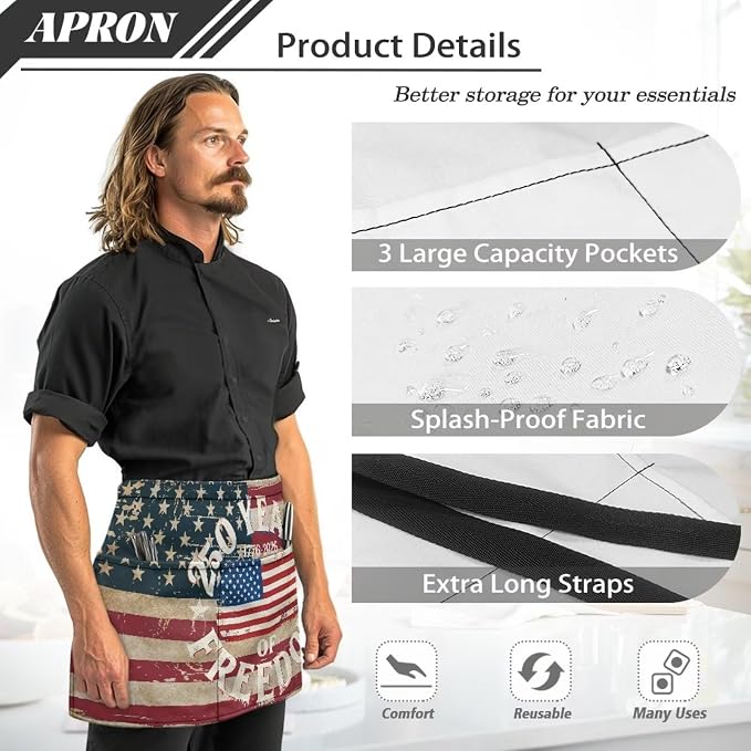 Server Apron with 3 Pockets, Waterproof Oil Waitress Waiter Half Apron - Image 6
