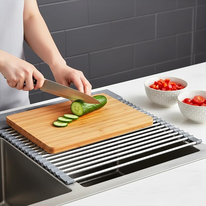 Roll Up Dish Drying Rack Over Sink, 17.5" x 15.2" Foldable SUS304 Stainless - Image 9