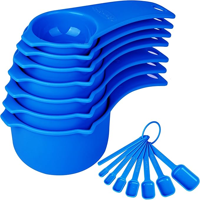 Blue Measuring Cups and Spoons Set 15, 7 Plastic Measuring Cup Set, 7 Spice by Kalsreui