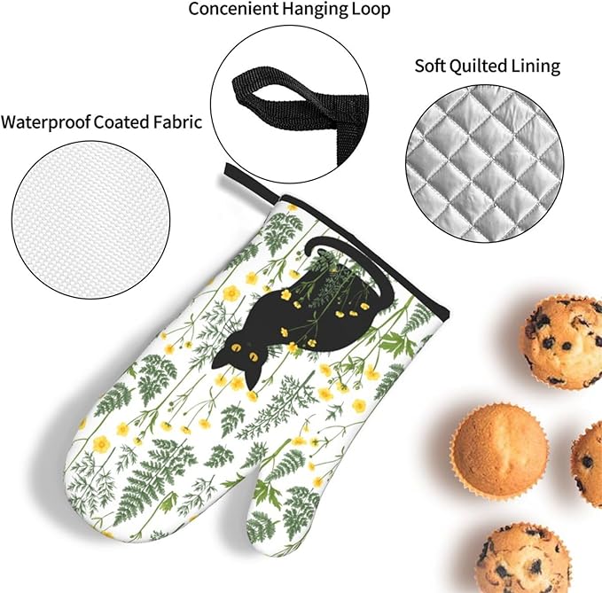 Black Cat Wildflower Hot Pads and Oven Mitts Set of 3, Spring Summer Plants - Image 5
