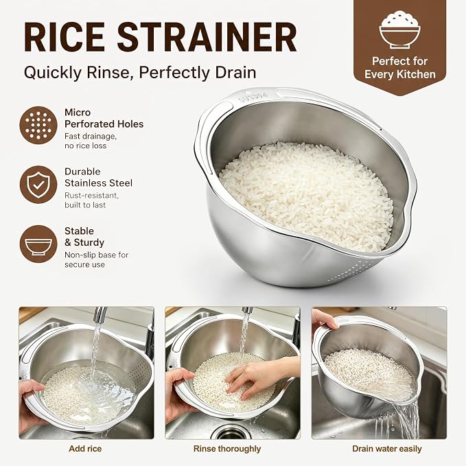 Palksky Rice Strainer & Rice Washing Bowl Stainless Steel - Image 4