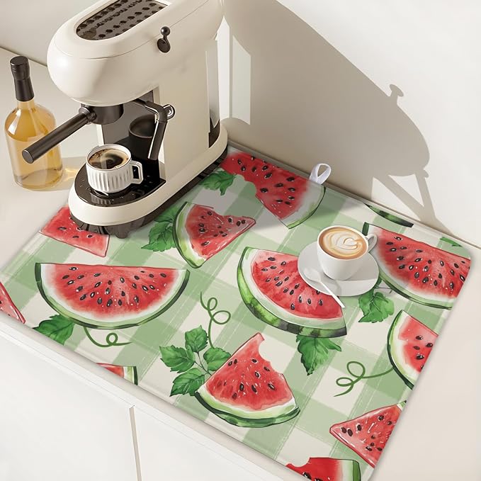 Summer Dish Drying Mat for Kitchen Counter Watercolor Watermelon Green Buffalo - Image 7