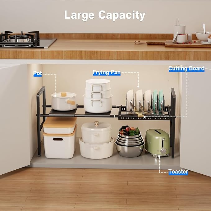 Mustorn Pots and Pans Organizer Under Cabinet, Expandable 1 Tier Under Sink - Image 3