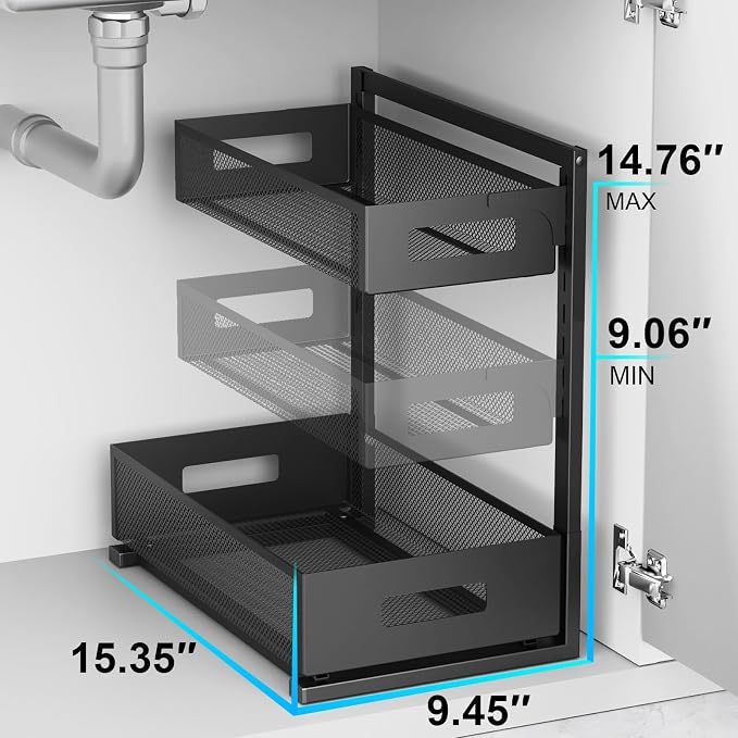 Petiza Under Sink Organizer Pull Out Cabinet Organizer Adjustable Height 2 Tier - Image 3