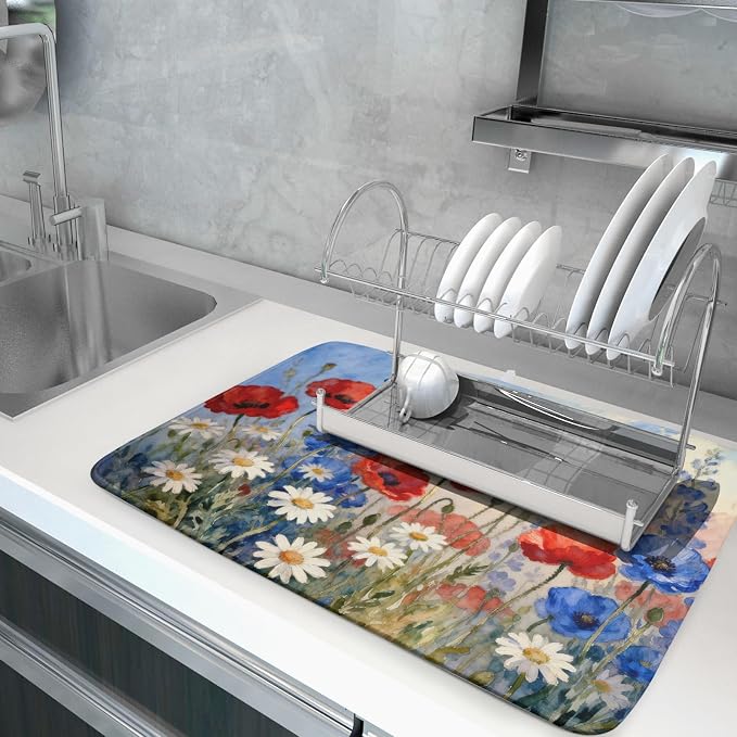 4th of July Dish Drying Mat for Kitchen Counter 18x24 Patriotic Floral - Image 5