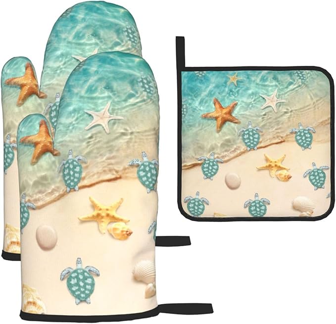 Sea Turtles Beach Oven Mitts and Pot Holders Sets of 3 Nautical Kitchen Decor by Unknown