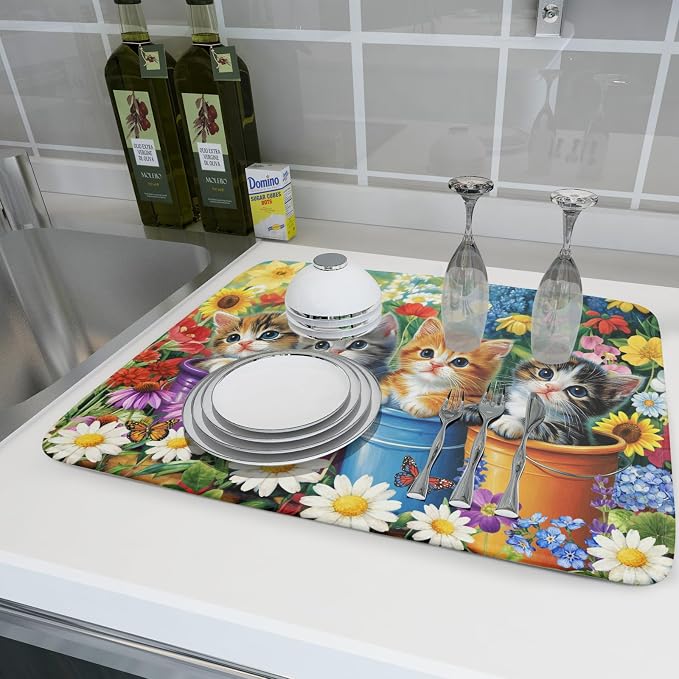 Lovely Cat Drying Mat for Kitchen Counter Colorful Flower Absorbent Coffee Bar - Image 6